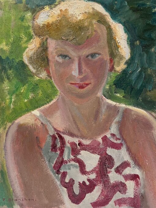 Blonde Lady In Red & White Vest Portrait 1930's French Impressionist