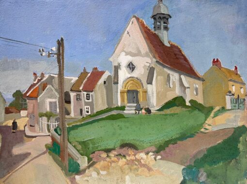 1930's French Gouache Painting Village Church
