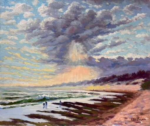 Contemporary French Impressionist Oil Dramatic Sky over Coastal Beach Seascape