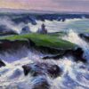 Purple Crashing Waves Against Green Rocks Contemporary French Impressionist Oil