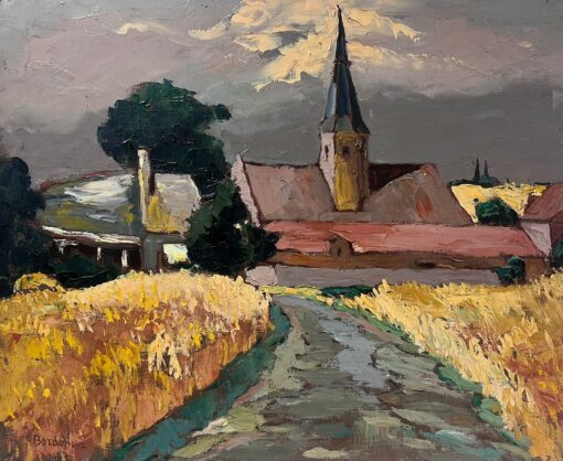 Contemporary French Impressionist Oil Church At The End Of The Corn Fields