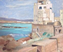1930's French Impressionist White Stone Wall Tower Over Looking Blue Sea