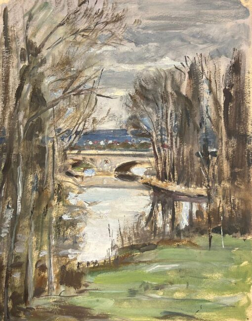 1930's French Impressionist River Bank Bridge Reflection Landscape