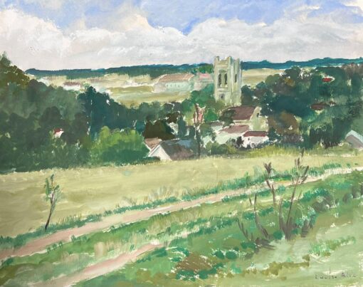 1930's French Small Village Church Open Green Track Field Landscape