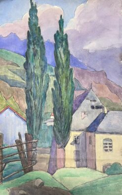 1930's French Impressionist Tall Green Cypress Trees Purple Mountain Landscape