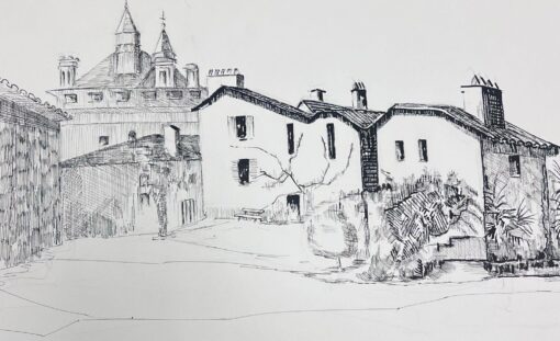 1950's Modernist Painting Black and White Courtyard Landscape
