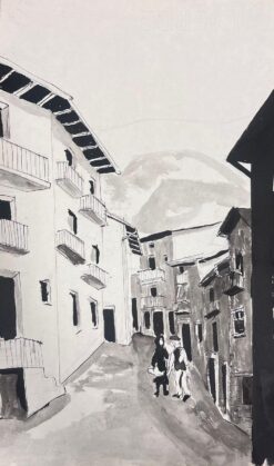 1950's Modernist Painting Figures Walking Through Black and White French Street