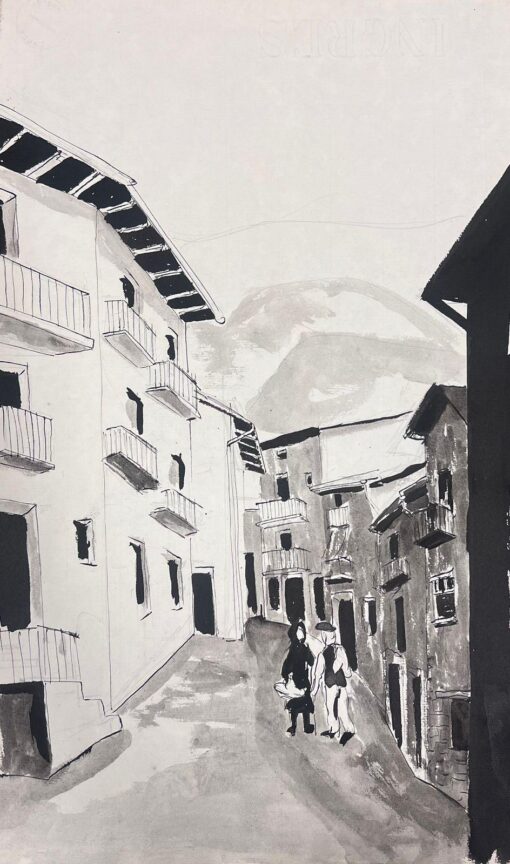 1950's Modernist Painting Figures Walking Through Black and White French Street