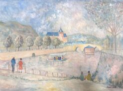 1950's Modernist Painting Figures Along The French River Bank