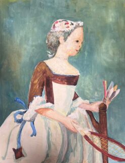 1950's Modernist Painting Lady Maid Holding Badminton Sporting Equipment