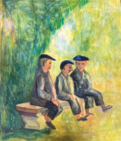 1900-1999 French Modernist Painting Three Men in Black Beret's on Bench