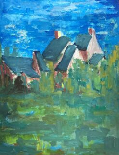 1900-1999 Modernist Painting Blue Roof Buildings In Bright Blue Sky Fields
