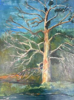 1900-1999 Modernist Painting Bare Tall Tree Over River Bank Landscape