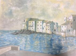 1900-1999 Modernist Painting White Houses Along The Sea Coast Landscape
