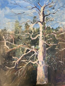 1900-1999 Modernist Painting Bare Tall Tree Over River Bank Landscape