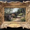 Blackberry Picking Figures in Rural Cottage Lane Victorian Oil Painting