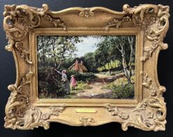 Blackberry Picking Figures in Rural Cottage Lane Victorian Oil Painting