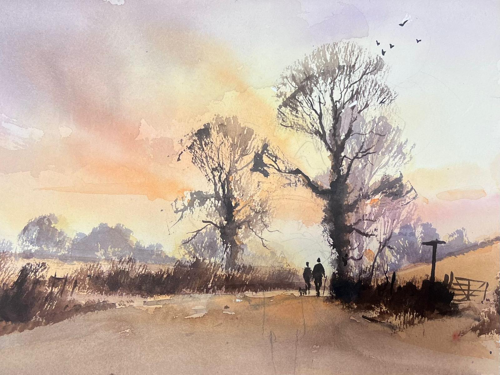 Fine British Original Impressionist Watercolor Figures In Sunset Meadow