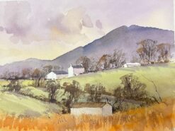 British Impressionist Watercolor White Houses In Purple Mountain Landscape