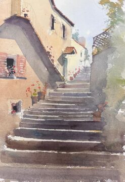 Fine British Original Impressionist Watercolor Village Stone Steps