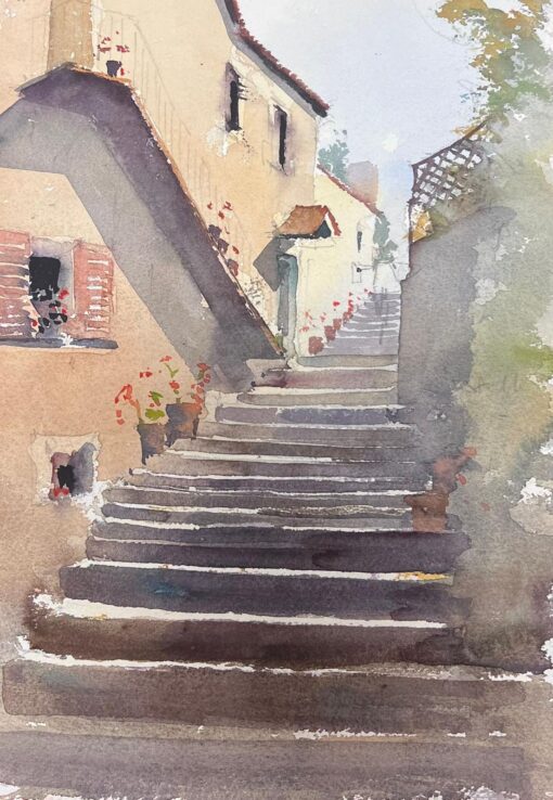 Fine British Original Impressionist Watercolor Village Stone Steps