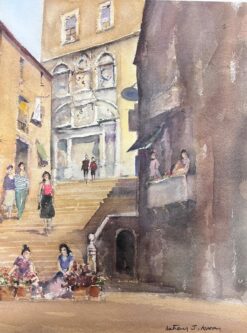 Fine British Original Impressionist Watercolor Flower Sellers At The Town Steps