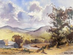 Fine British Original Impressionist Watercolor Purple Mountain Estuary Hill Farm