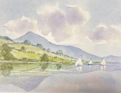 British Original Impressionist Watercolor Sailing Boats On The Tranquil River