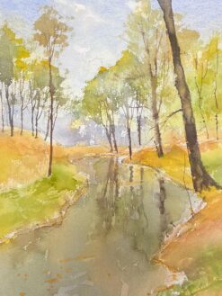 British Impressionist Watercolor Summer Stream Following Through Woodland