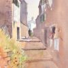 British Original Impressionist Watercolor Figures Walking Up Sandy Stone Street