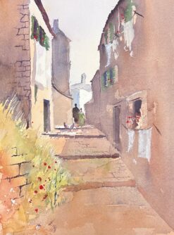 British Original Impressionist Watercolor Figures Walking Up Sandy Stone Street