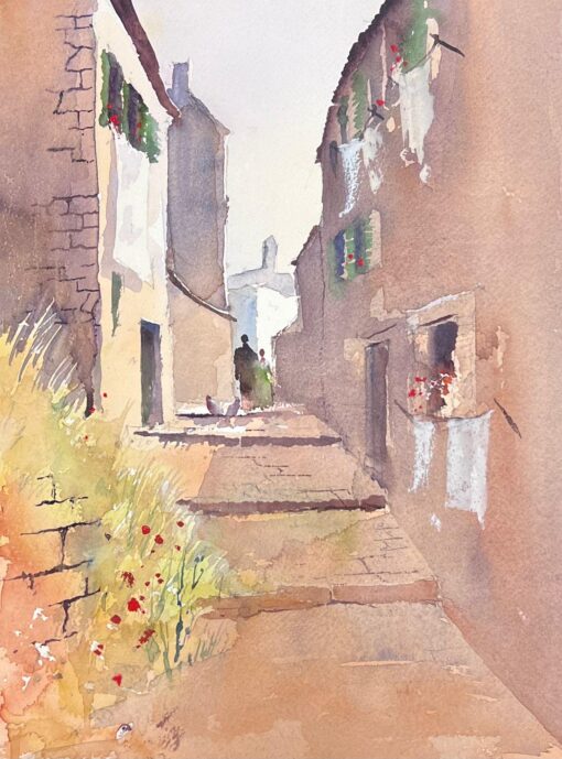 British Original Impressionist Watercolor Figures Walking Up Sandy Stone Street