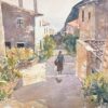 Fine British Original Impressionist Watercolor Lady Walking Up The Summer Street