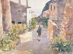 Fine British Original Impressionist Watercolor Lady Walking Up The Summer Street