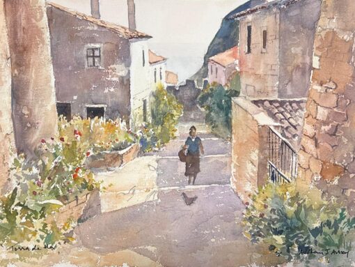 Fine British Original Impressionist Watercolor Lady Walking Up The Summer Street