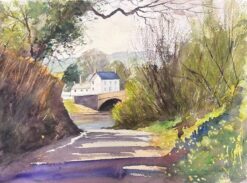 British Original Impressionist Watercolor Purple Path Down to The River Bridge