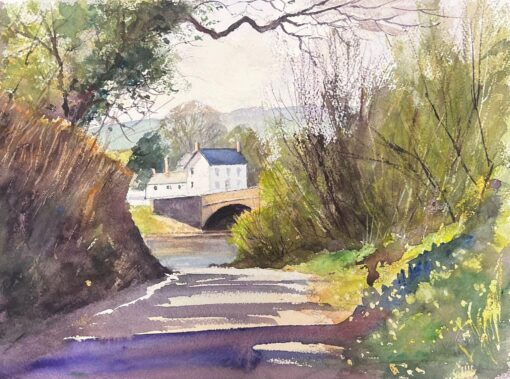 British Original Impressionist Watercolor Purple Path Down to The River Bridge
