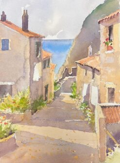 Fine British Original Impressionist Watercolor Village Street Leading To The Sea