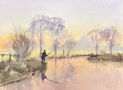 Fine British Original Impressionist Watercolor Figure Fly Fishing At Dawn