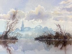 Fine British Original Impressionist Watercolor Gloomy Fog Rising Over Blue Lake