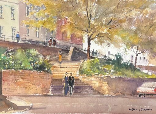 Fine British Original Impressionist Watercolor Figures Walking Down Town Steps