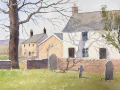 Fine British Original Impressionist Watercolor Small Village Church Graveyard