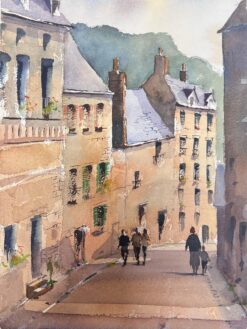 Fine Original Impressionist Watercolor Figures Walking Down The English Street