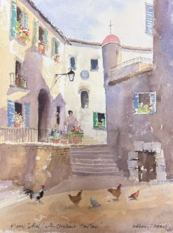 British Original Impressionist Watercolor Chickens In a Summer's Day Courtyard