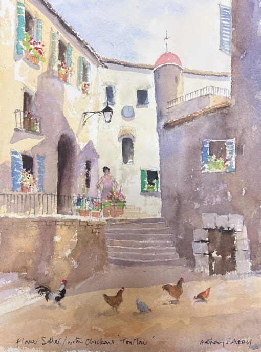 British Original Impressionist Watercolor Chickens In a Summer's Day Courtyard