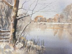 British Original Impressionist Watercolor Winter Snowy Lake