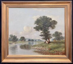 Tranquil Pastoral Riverbank Grazing Cows Antique 19thC Painting Nottinghamshire