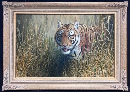 Majestic Tiger Tall Grass Realistic Wildlife British Oil Painting Ornate Frame