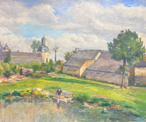 Figure In Peaceful Village Scene by the Water Charming Oil Painting