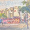 Colourful Cityscape Town Corner with Trees Vibrant Oil Painting